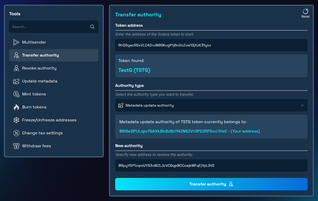 Adding recipient address for authority transfer