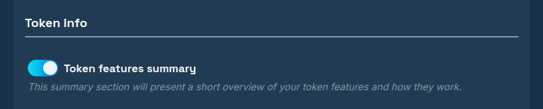 The features section in the token page creation form
