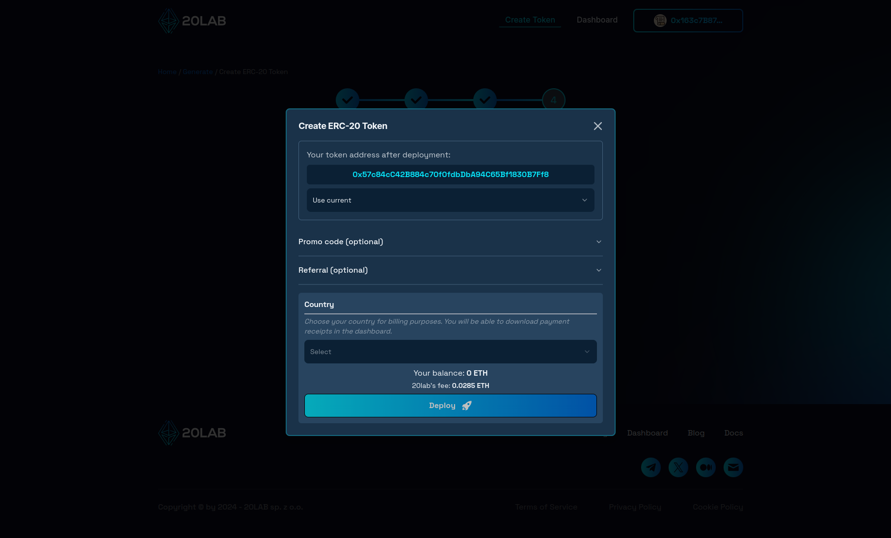 Deployment modal showing final token address