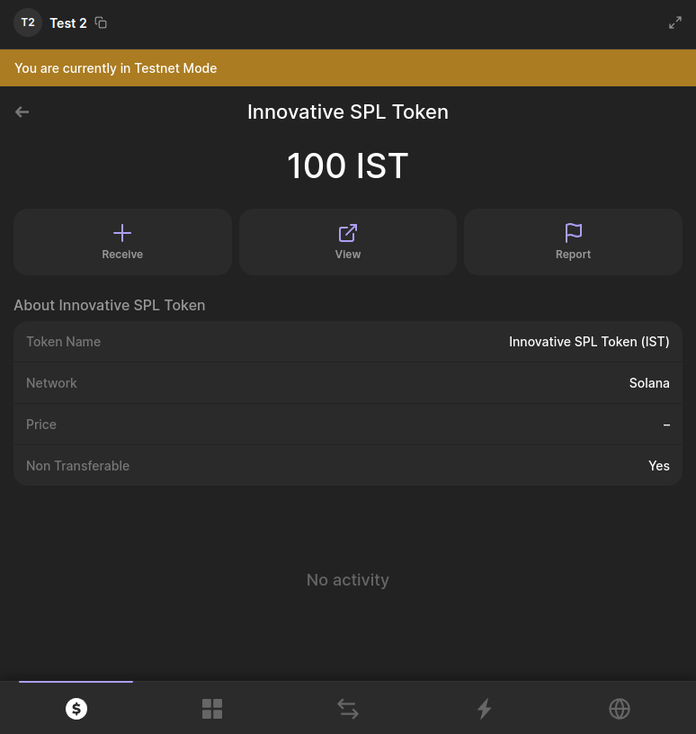 Phantom wallet token page without an option to transfer