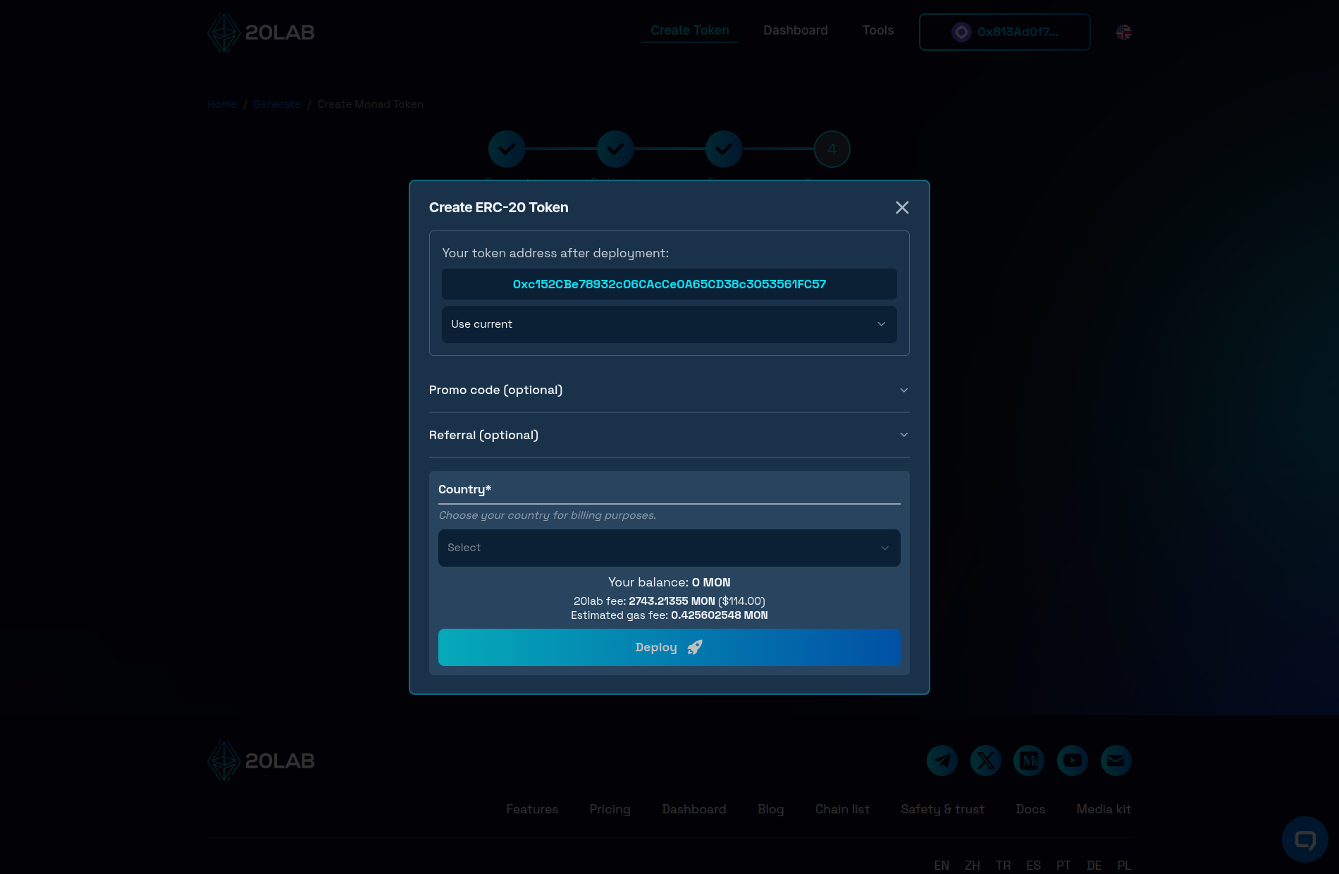Deployment modal showing final token address