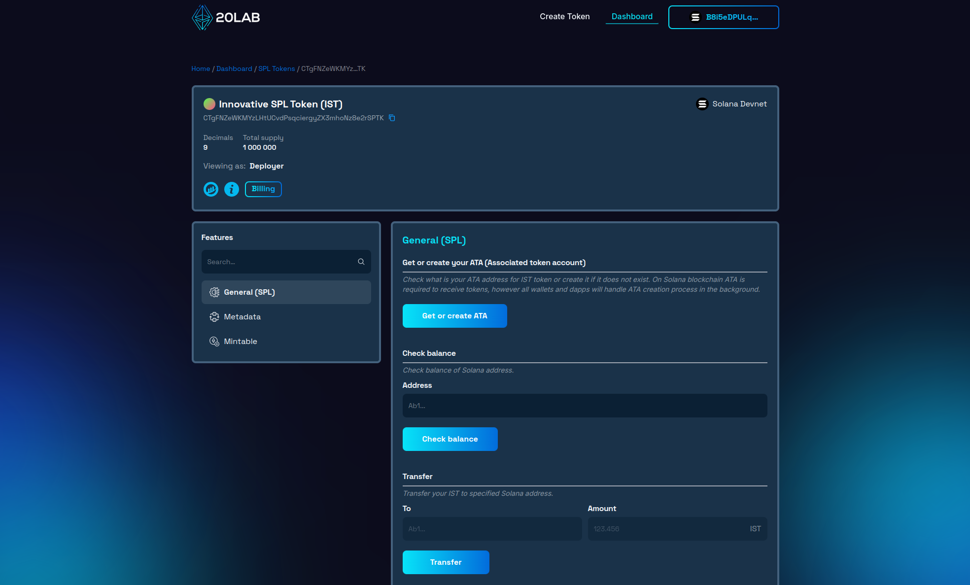 Dashboard panel for newly created SPL token