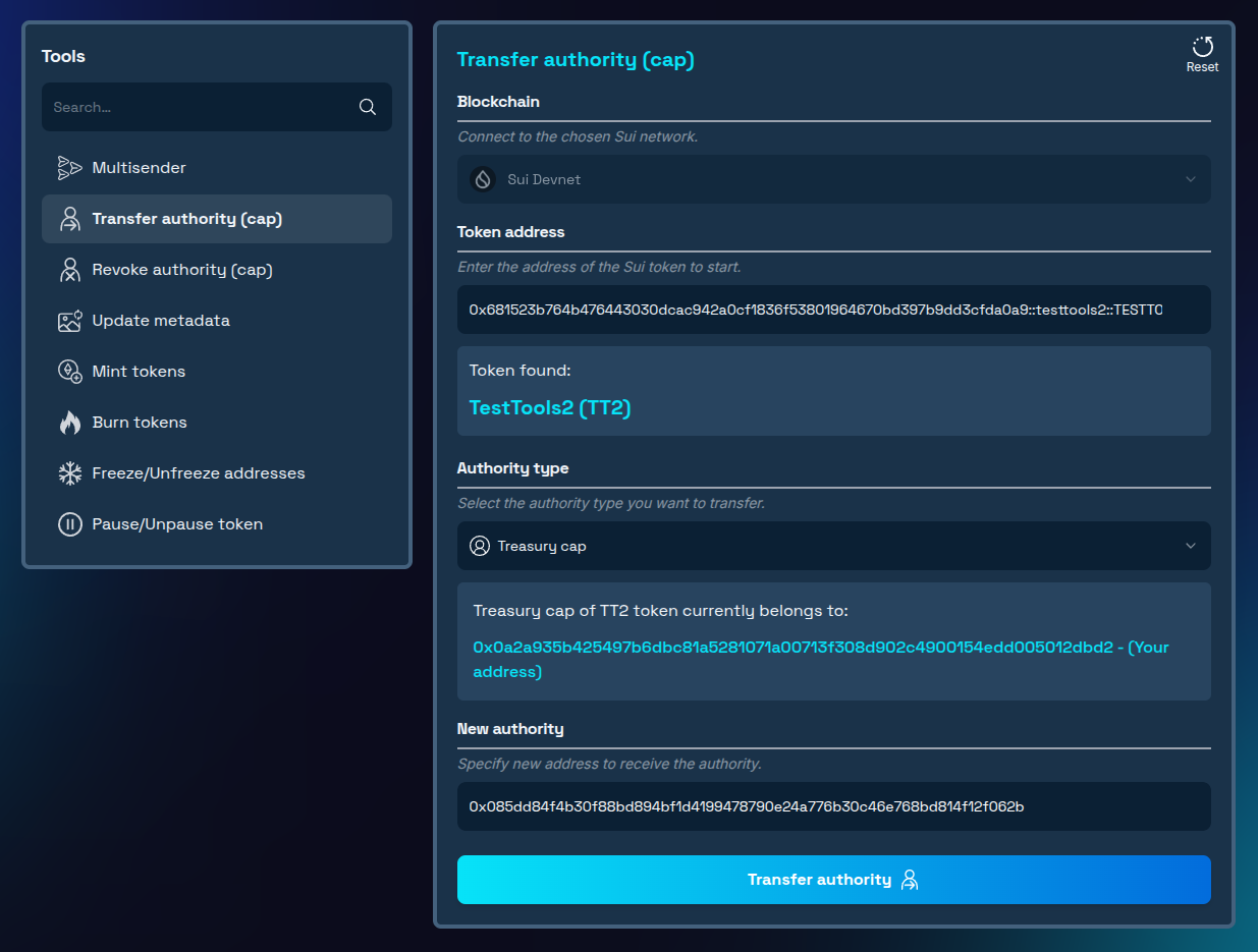 Treasury Cap option chosen and new recipient wallet provided