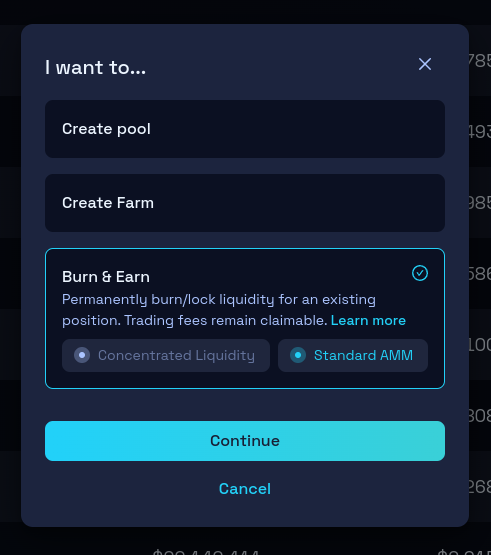 Liquidity type selection modal, but with Burn & Earn option selected