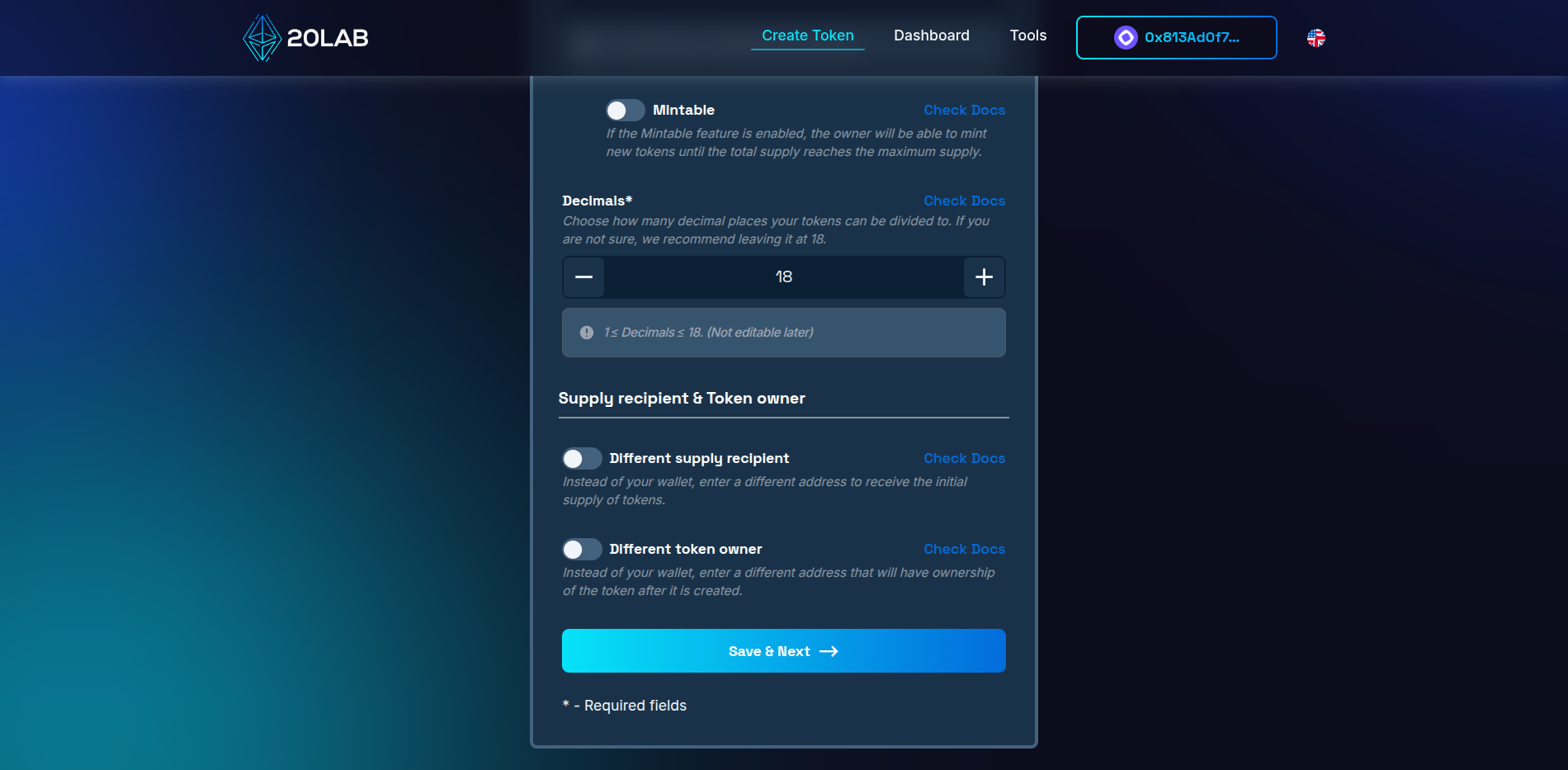 View on different supply recipient and different token owner options