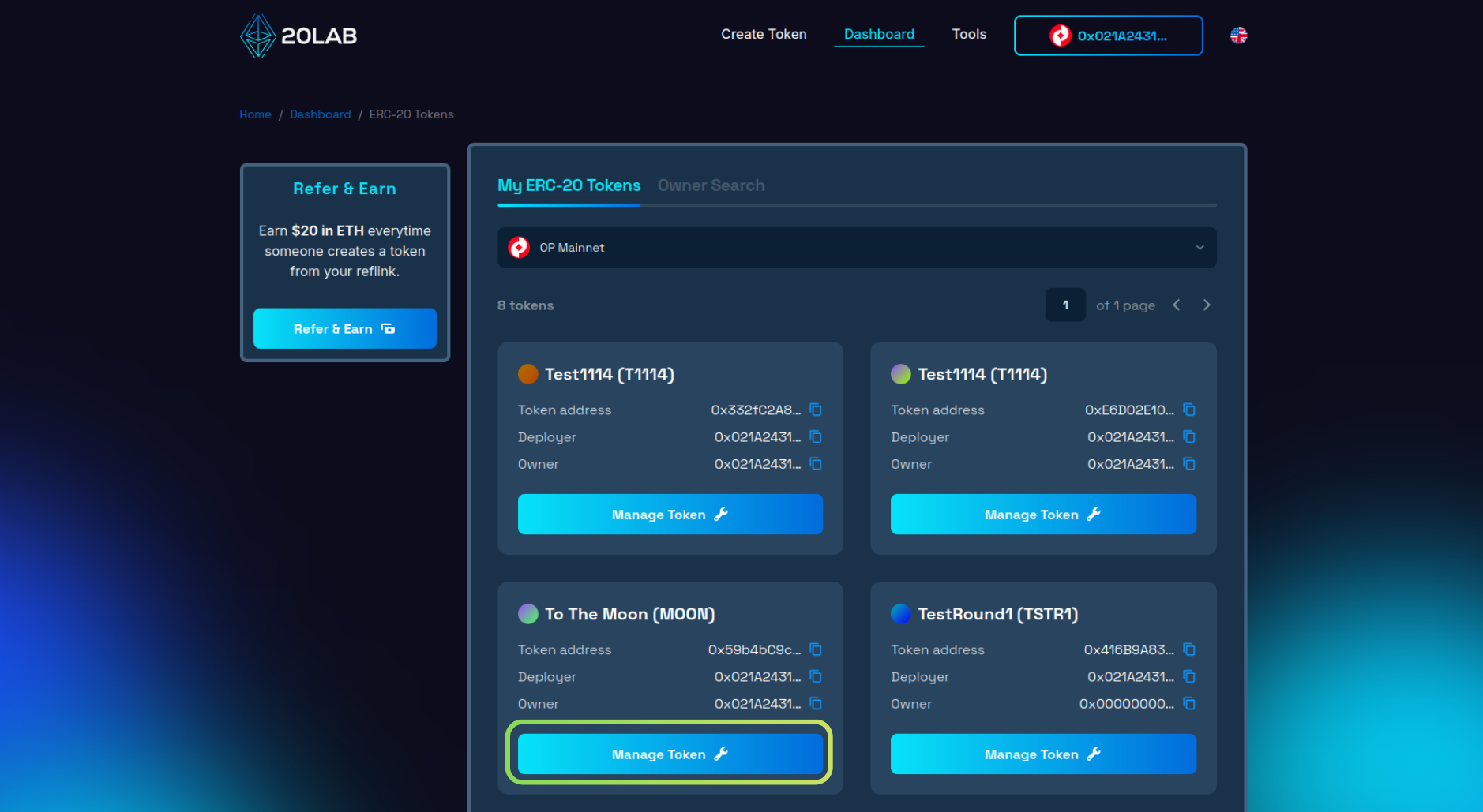 Dashboard with tokens displayed, highligh on "Manage token" button.