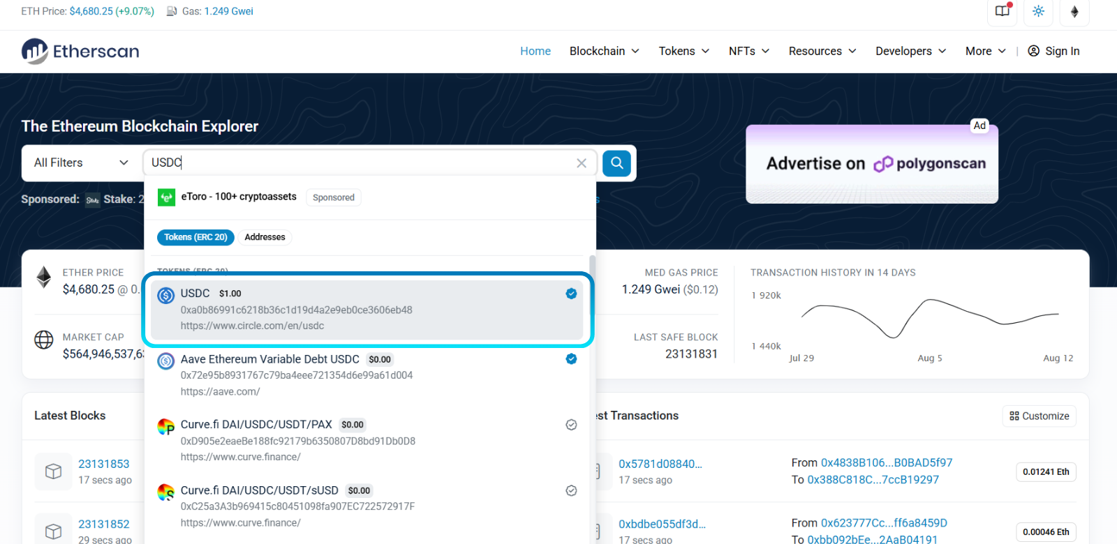 Etherscan website shows the user searching for "USDC" in the search bar, with USDC (USD Coin) highlighted in the dropdown results.