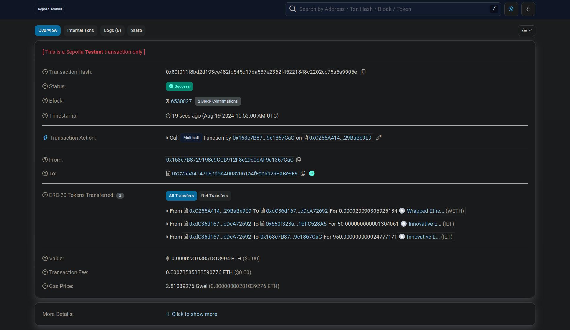 Fee for dividends being sent to token contract