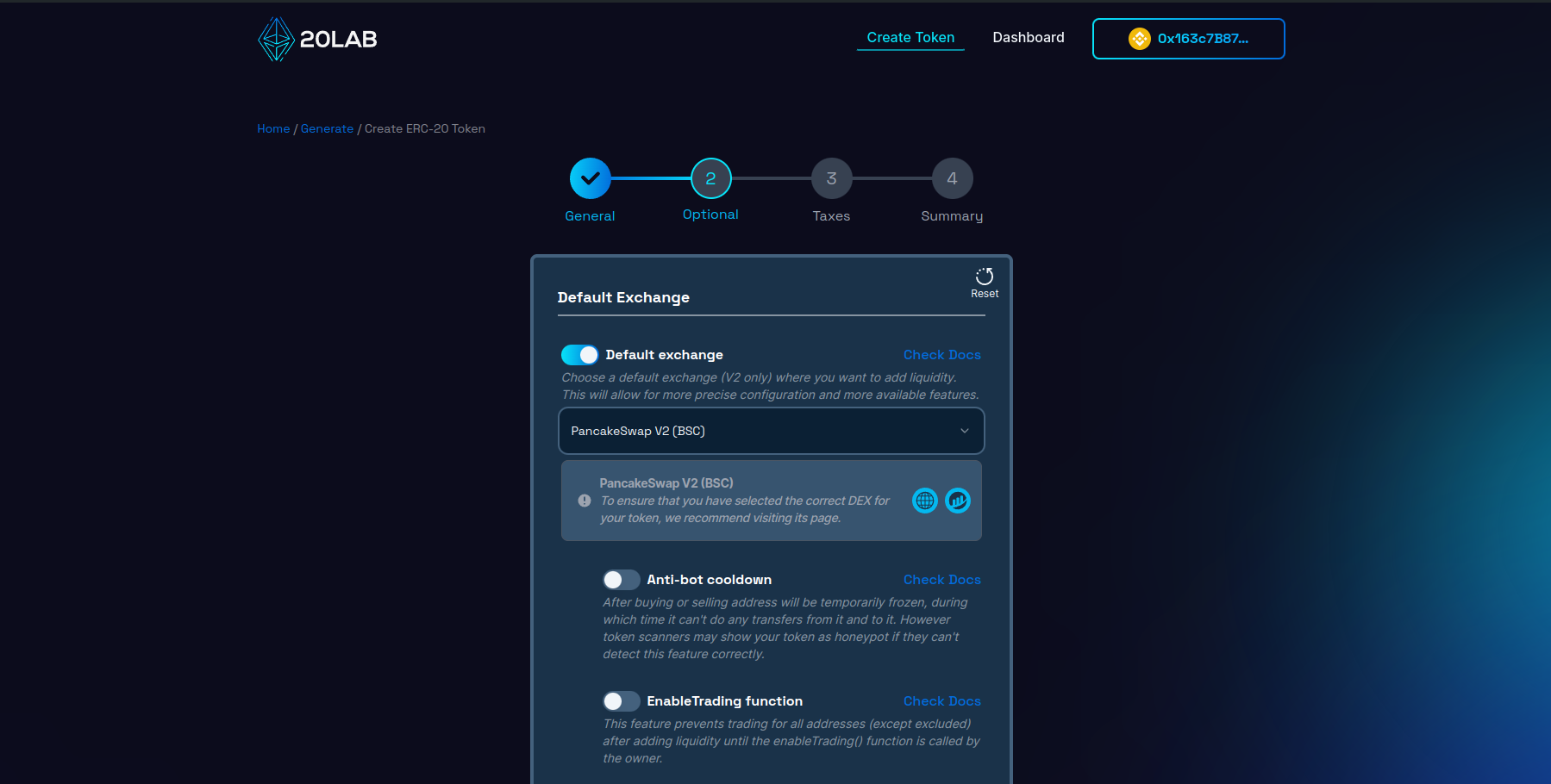 Selecting default exchange for BEP-20 token