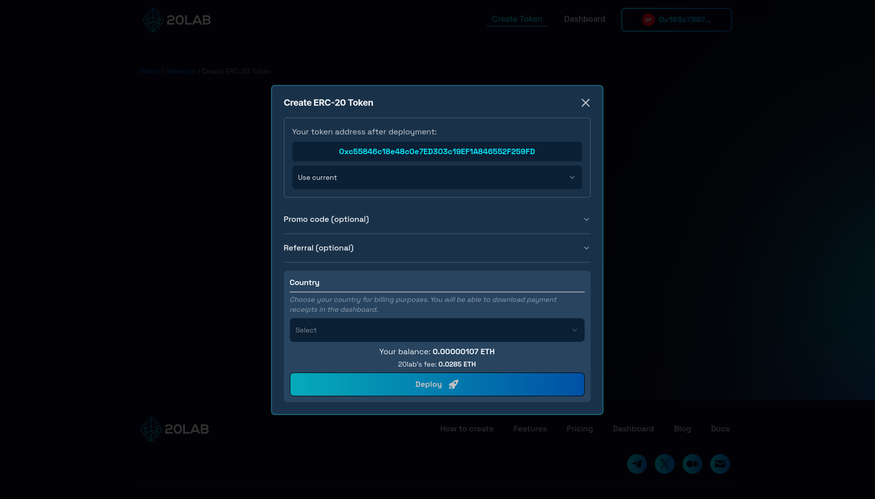 Deployment modal showing final token address