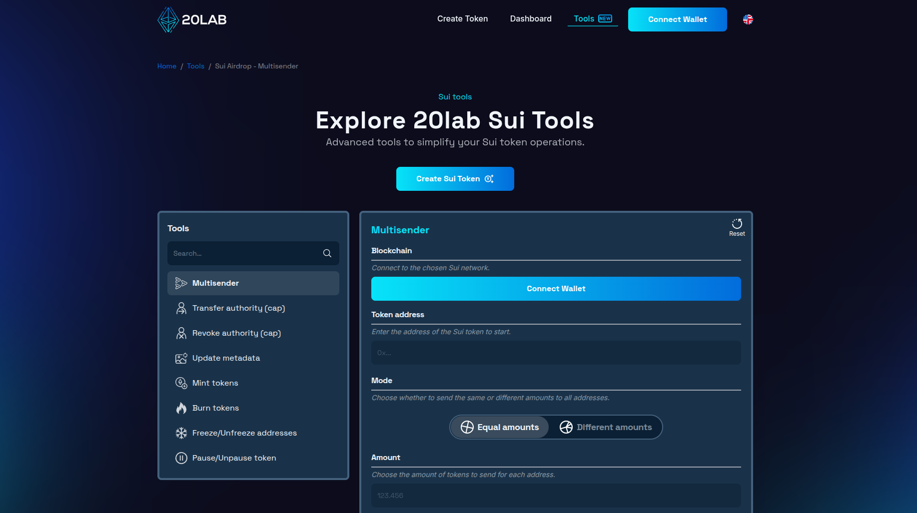 Sui multisender interface without connected wallet