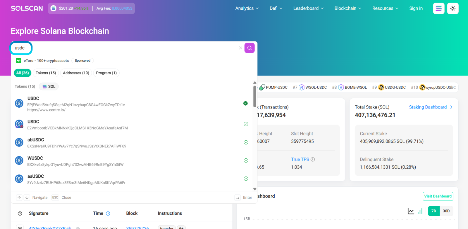 Solscan interface displaying the Solana blockchain explorer. Search bar shows 'usdc' with results below.