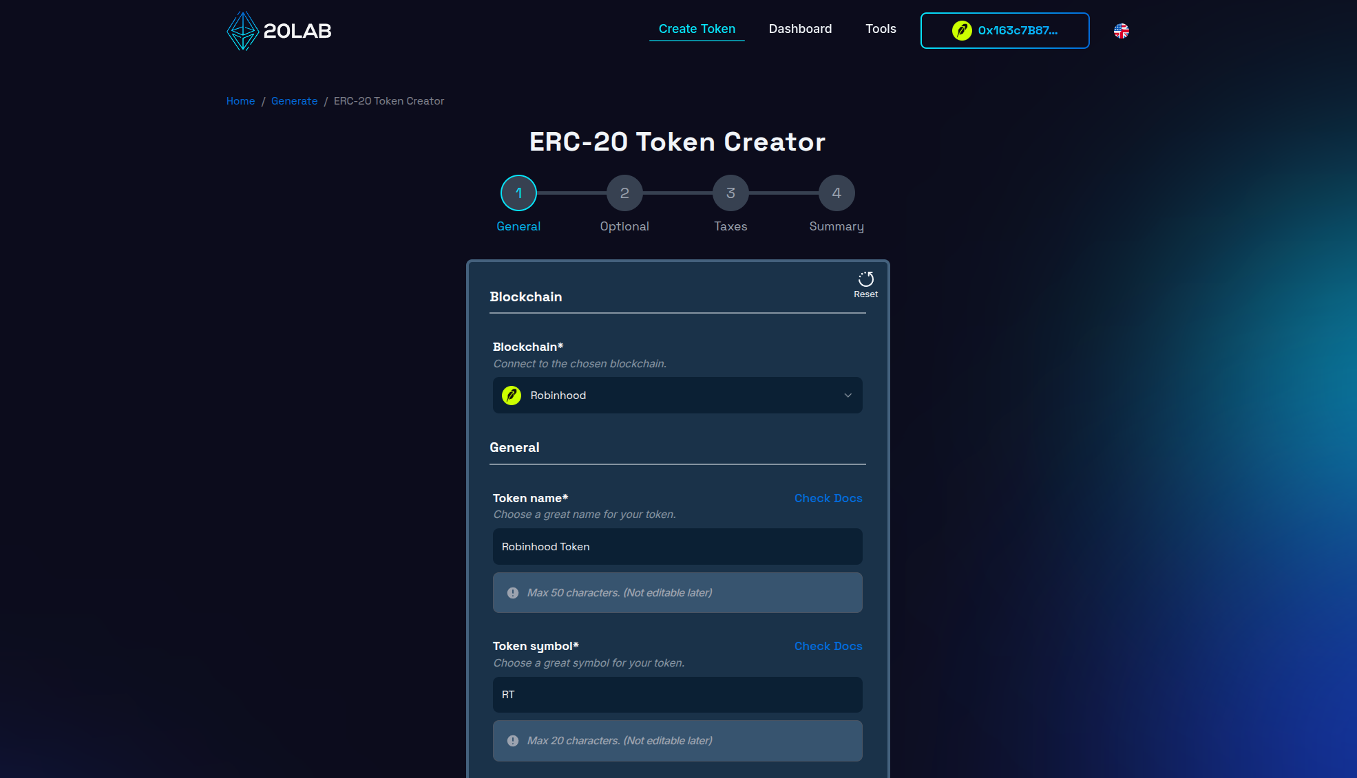 Wallet connected to Robinhood blockchain in ERC-20 token generator page
