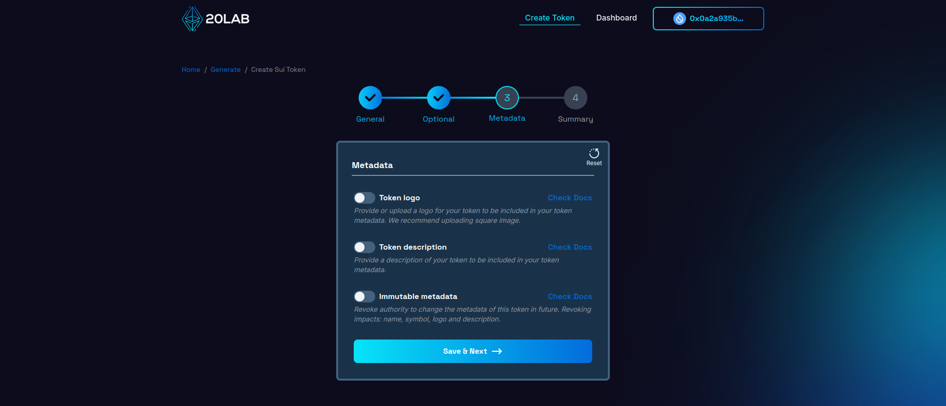 Metadata section of generator for Sui token