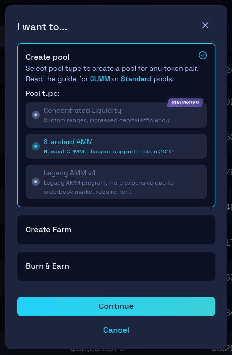 Liquidity type modal window