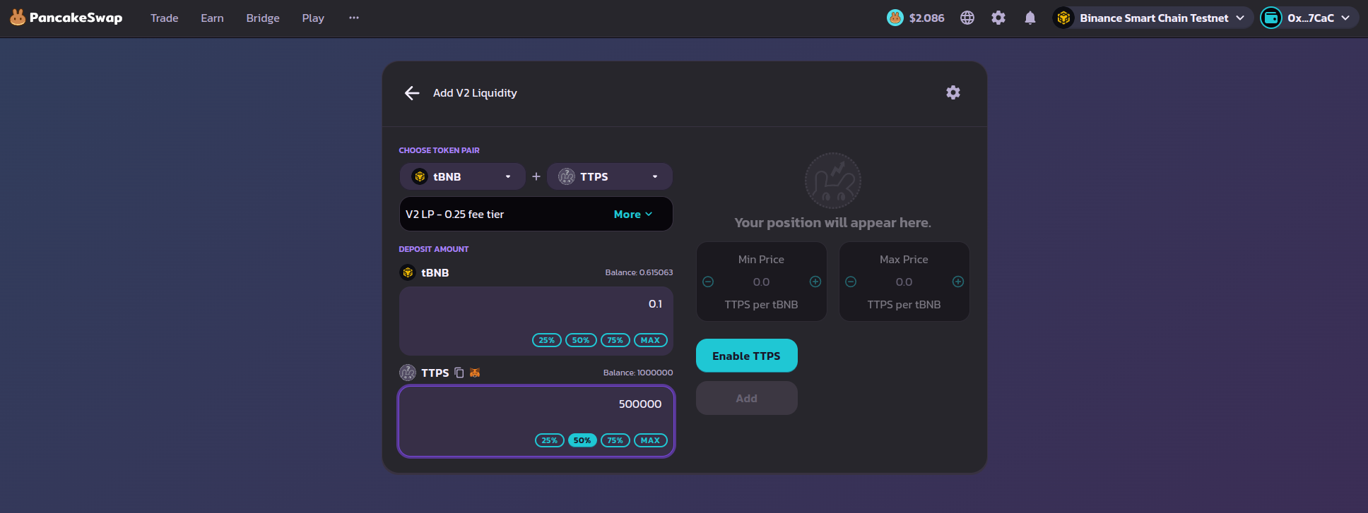Ratio of tokens and collateral set on PancakeSwap