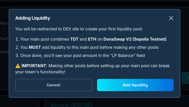 Redirection modal for adding liquidity to main pool
