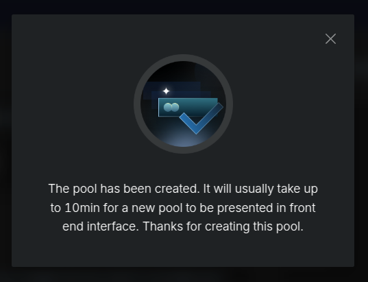 Confirmation modal after creating liquidity pool