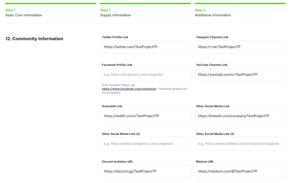 Fragment of CoinGecko application form with sections for community information including fields for social media links across Twitter, Telegram, Facebook, YouTube, Reddit, Discord, and Medium platforms.
