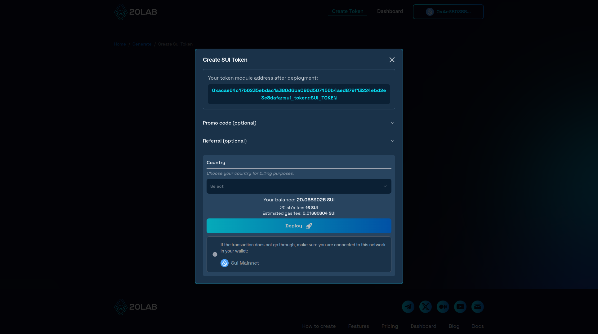Deployment modal showing final token object ID