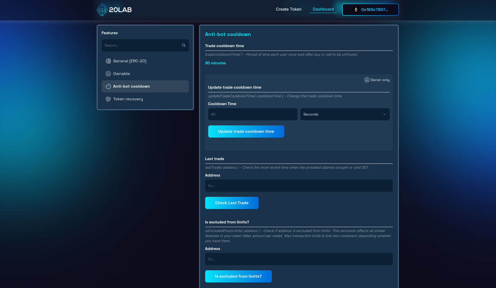 Anti-bot cooldown section of dashboard