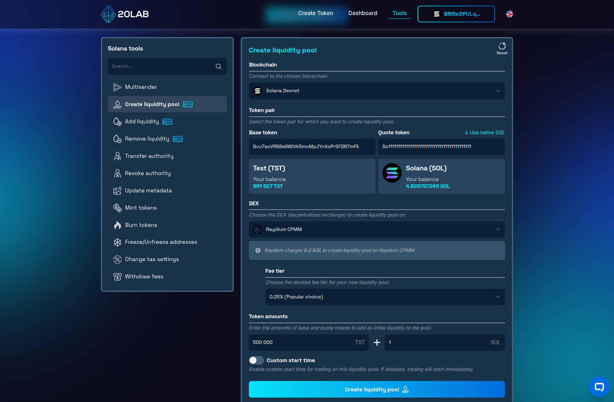 Token amounts and fee tier chosen