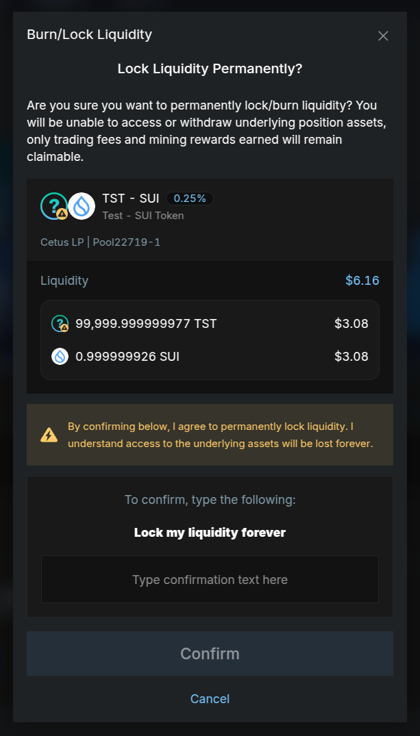 Burn confirmation modal on Cetus about irreversible changes