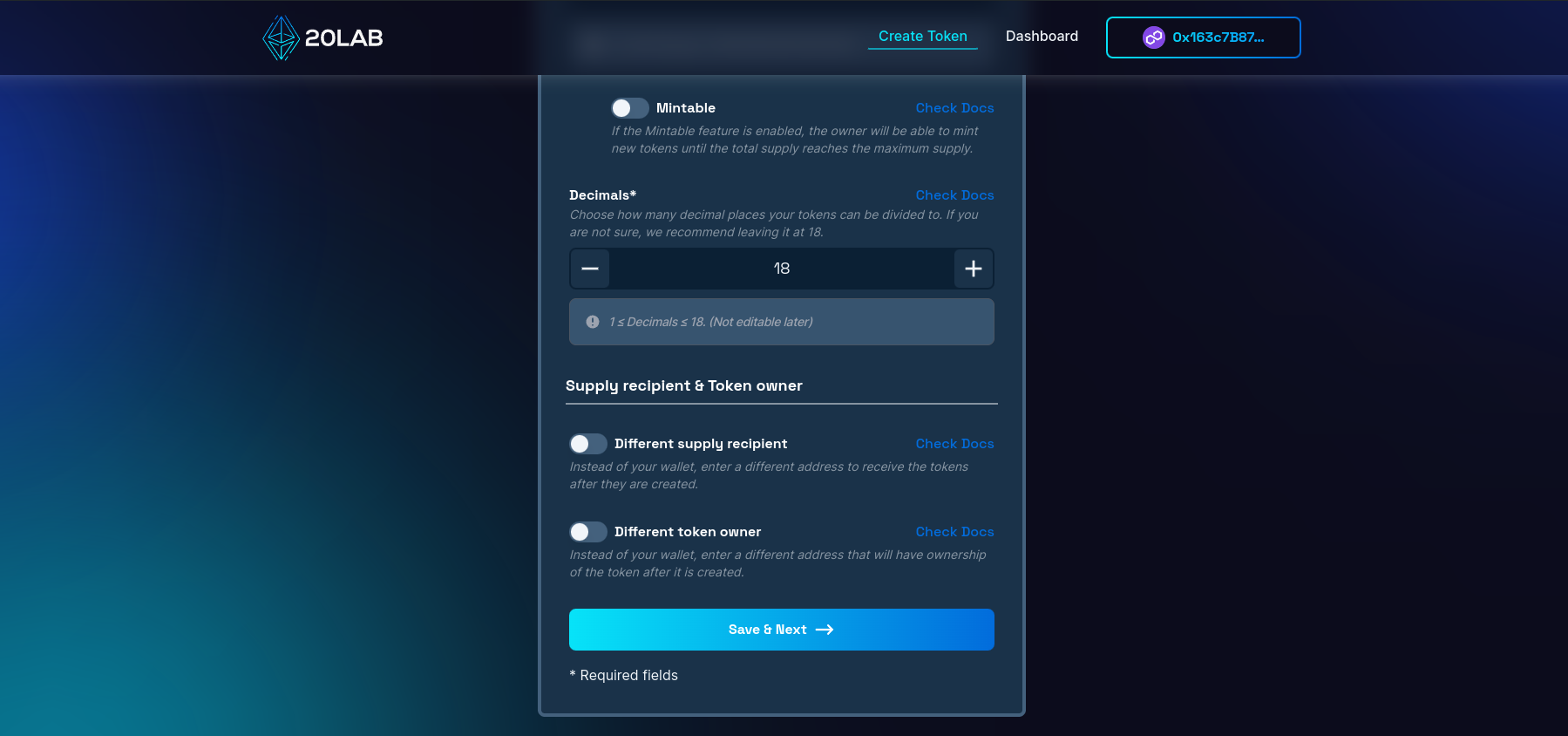 View on different supply recipient and different token owner options