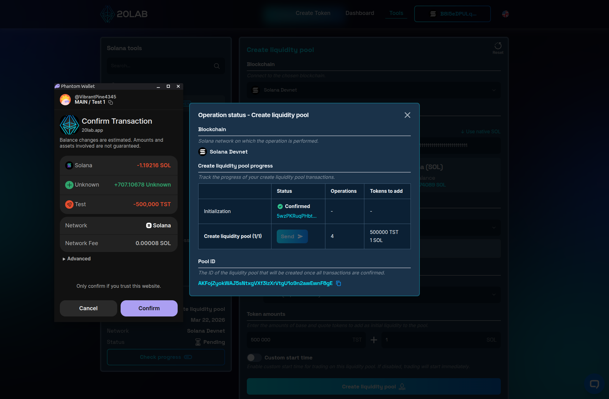 Liquidity pool creation transaction confirmation wallet window
