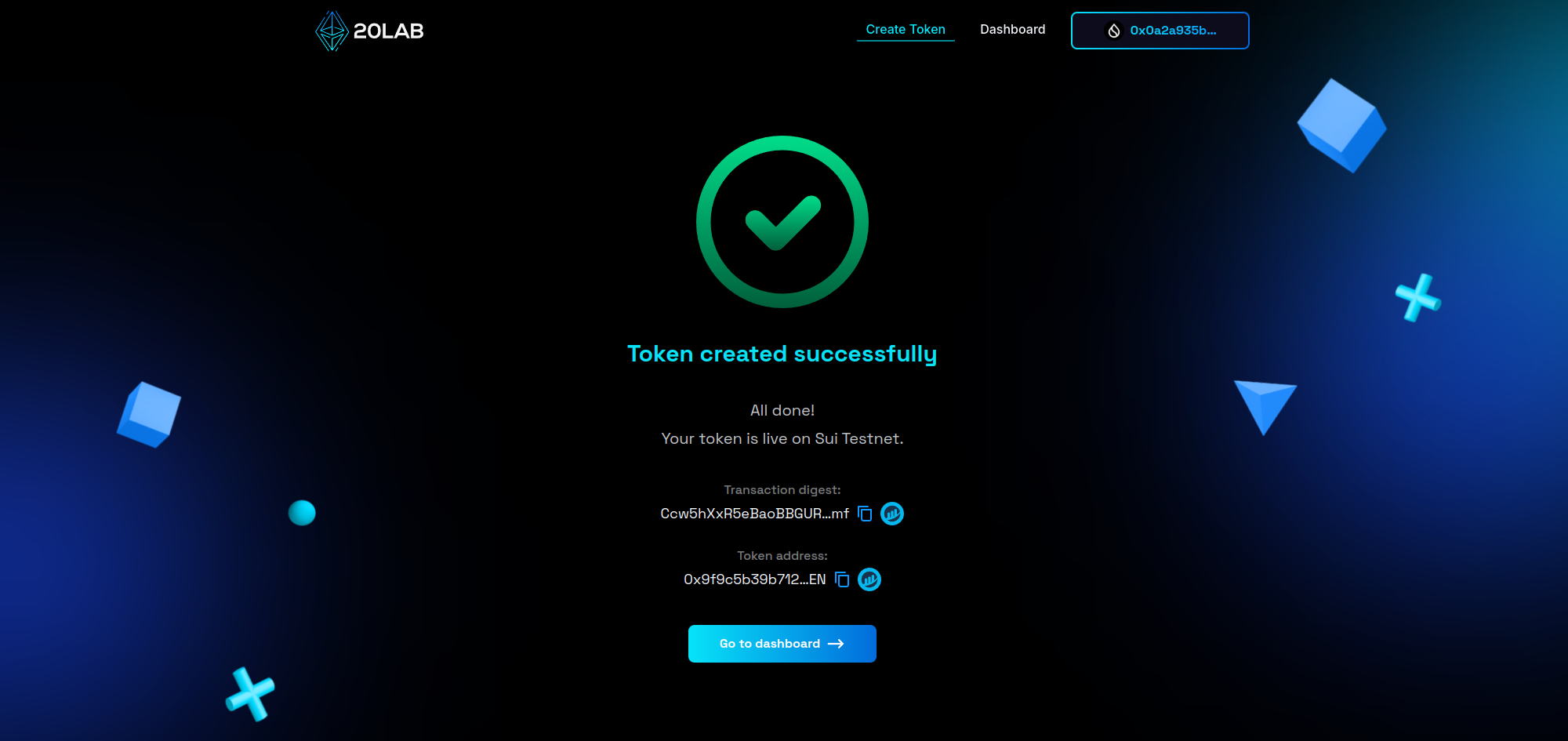 Confirmation of successful token creation on Sui Testnet