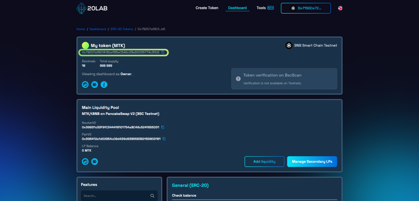 Token page on 20lab showing its details and the selected token address.