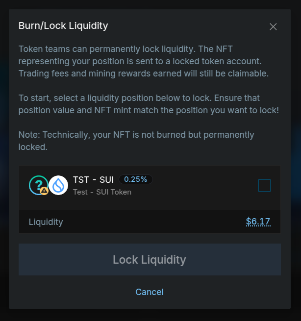 Liquidity burning modal showing after clicking "LP Burn" button