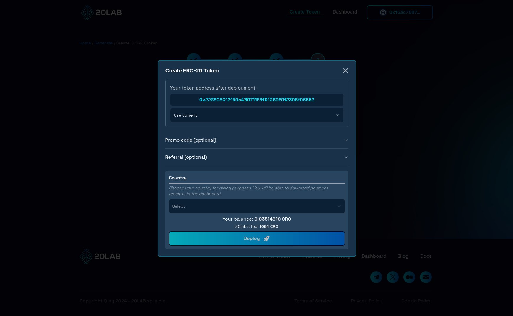 Deployment modal showing final token address