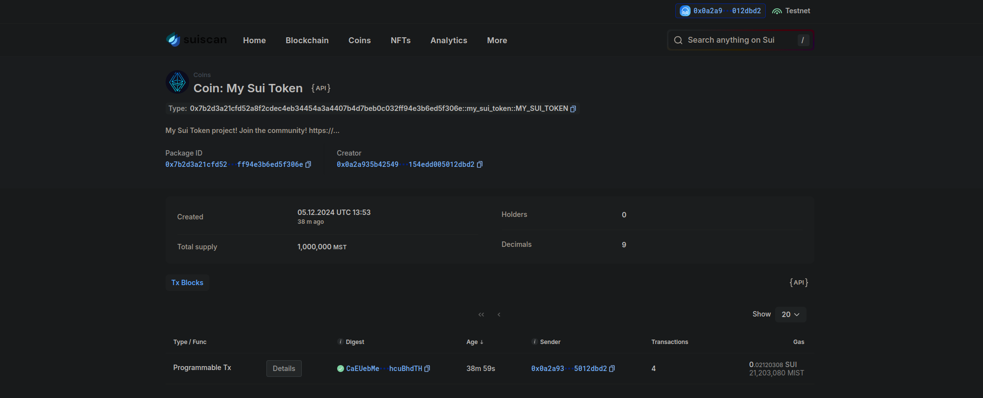 Block explorer page with metadata tab showcasing information about token
