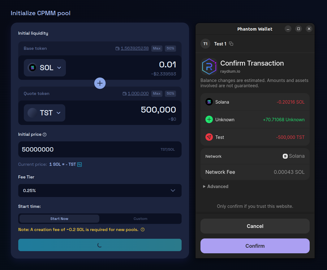Wallet confirmation of pool initialization transaction