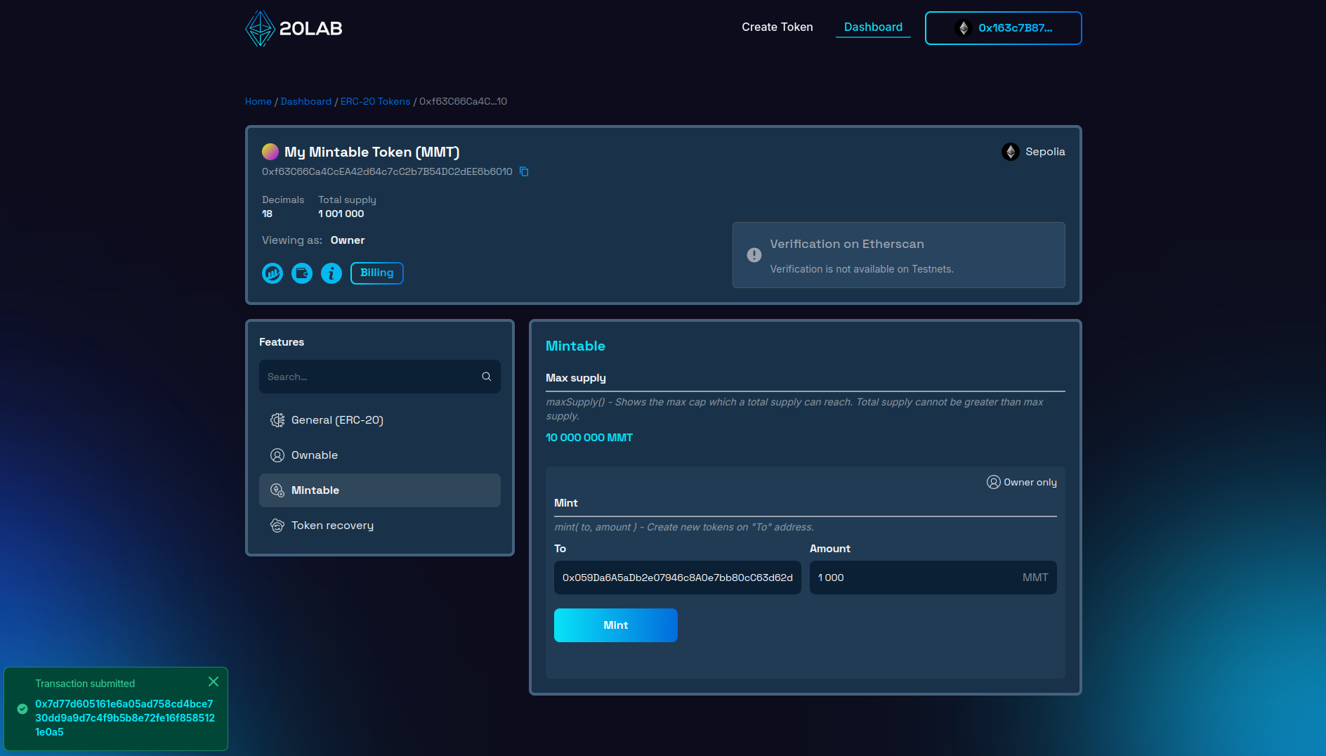 Mint transaction confirmation with total supply updated