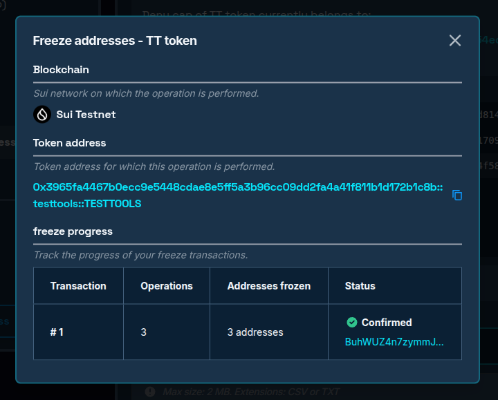 Progress window after transaction has been confirmed