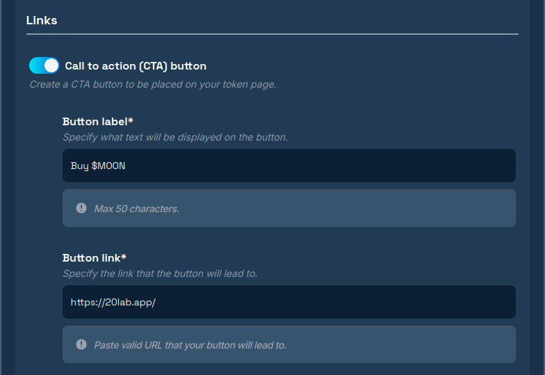 Section with call-to-action button configuration in the token page creation form.