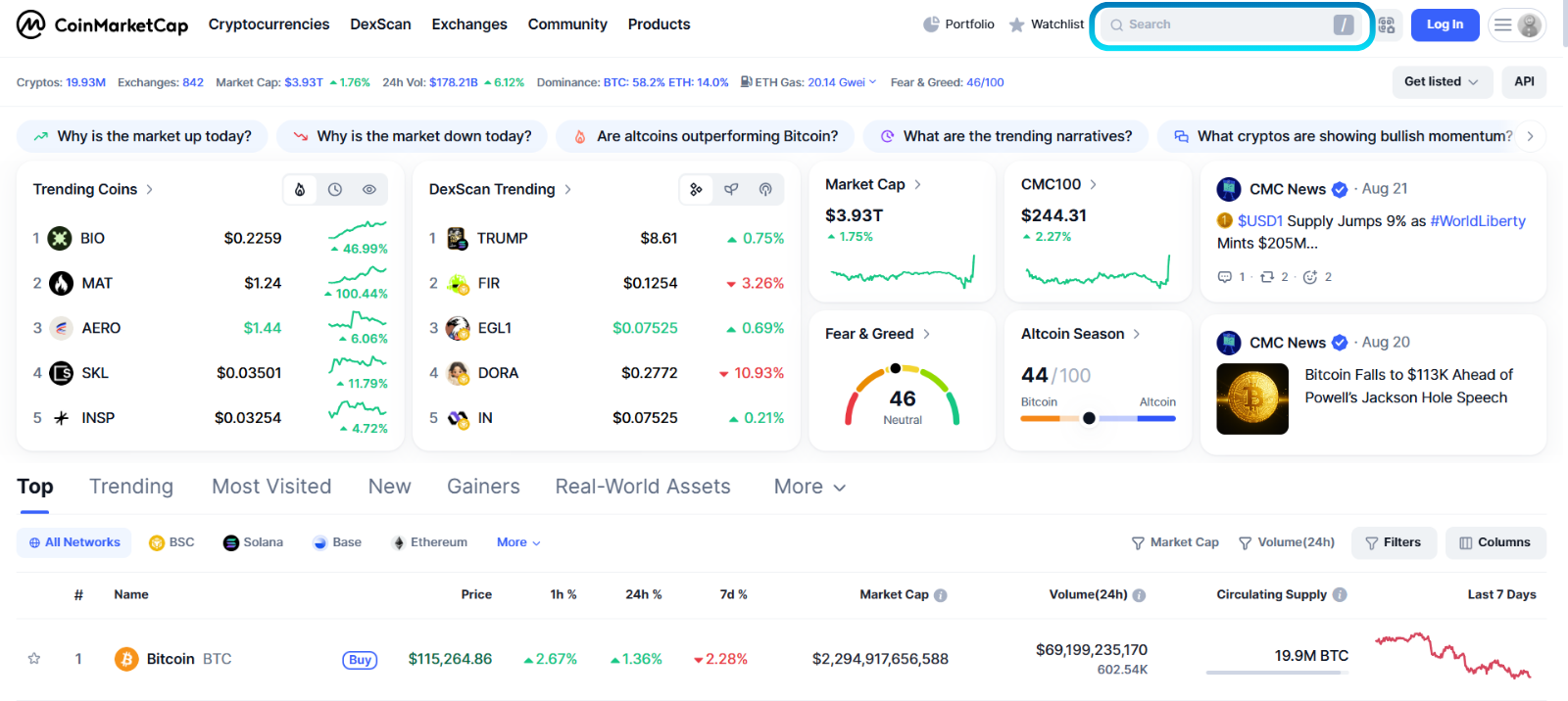 CoinMarketCap homepage with the search bar highlighted.