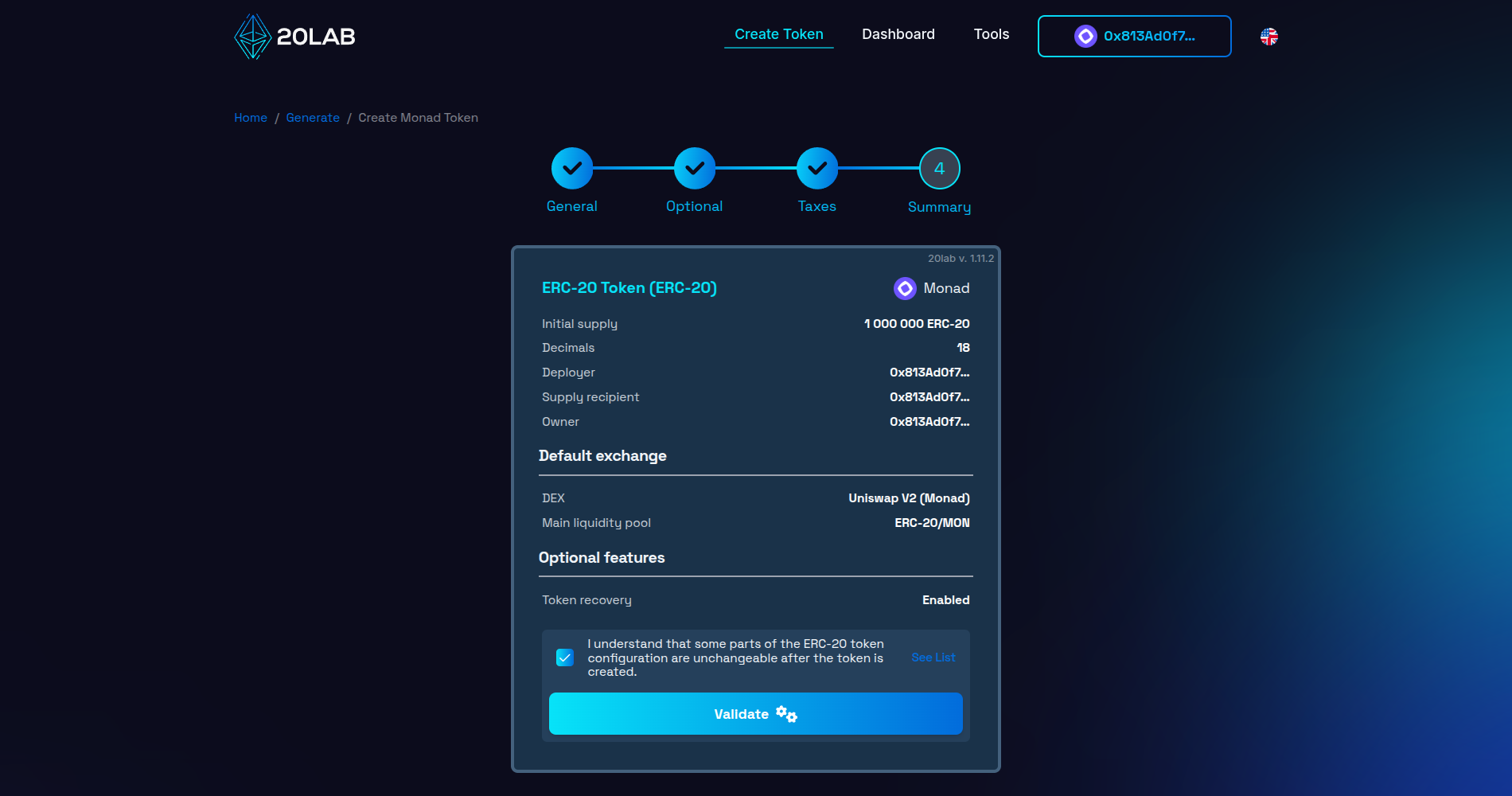 Summary page with all selected features and provided values