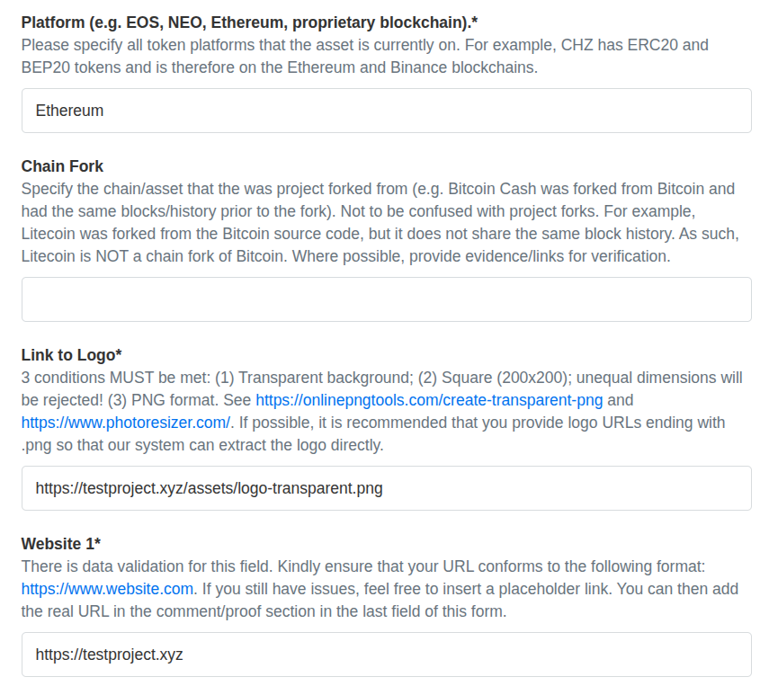 Fragment of CoinMarketCap application form with sections for platform, chain fork, link to logo, website, and the optional one.