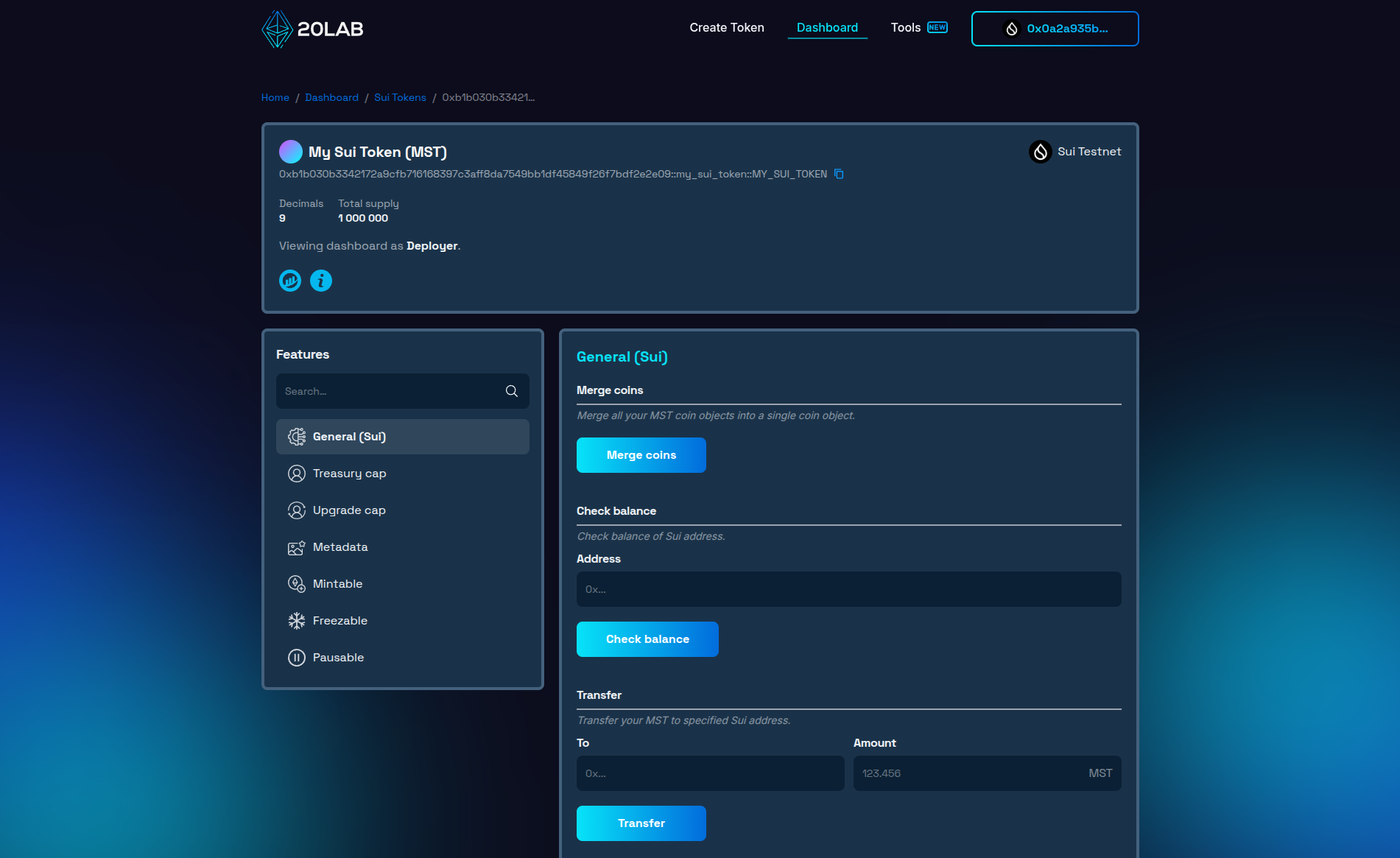 Dashboard panel for created Sui token