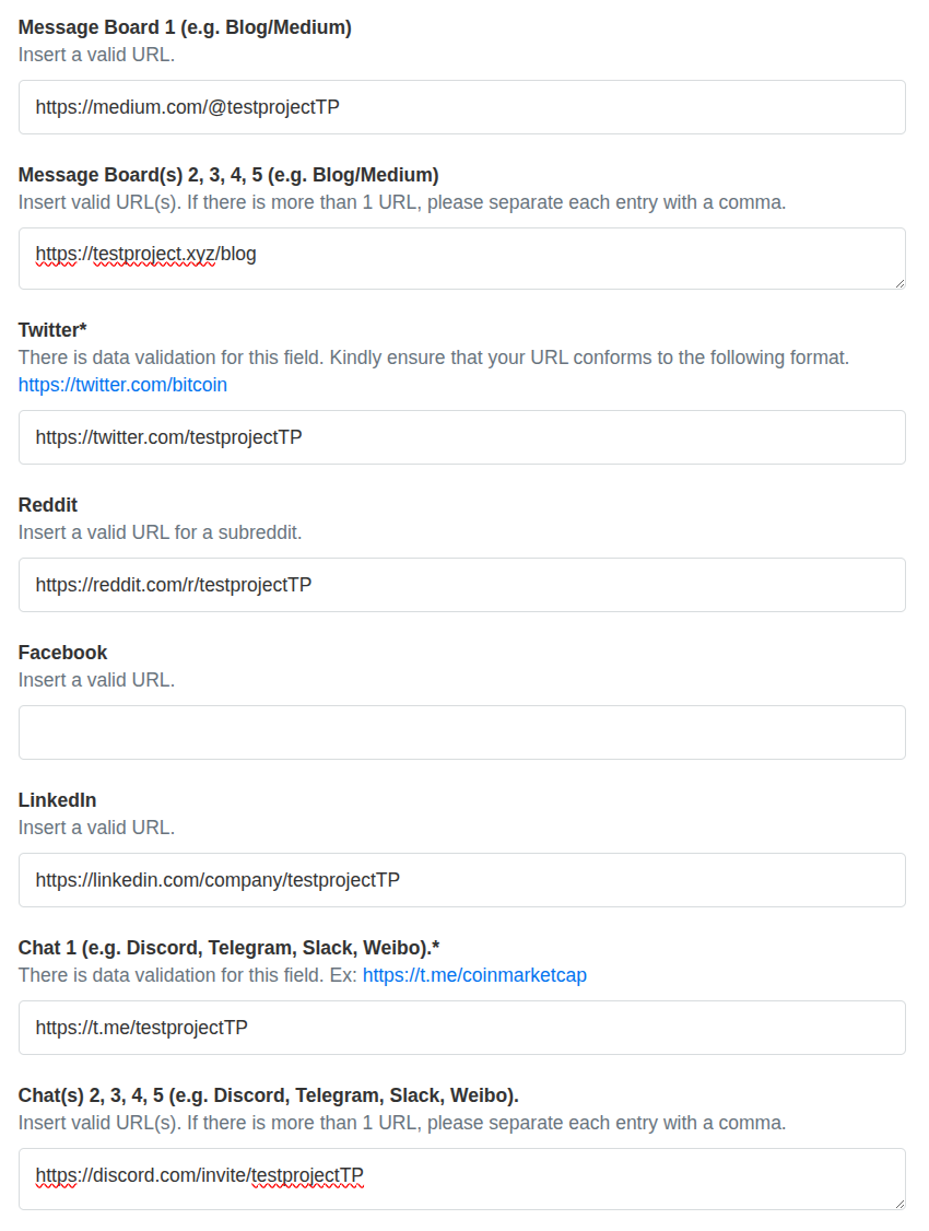 Fragment of CoinMarketCap application form with sections: Message Boards, Twitter, Reddit, Facebook, LinkedIn, and Chats