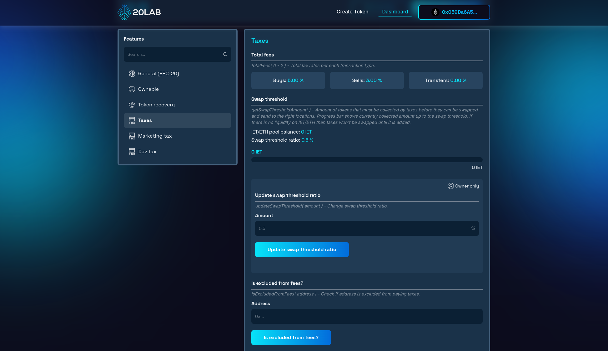 General taxes section of dashboard for common settings