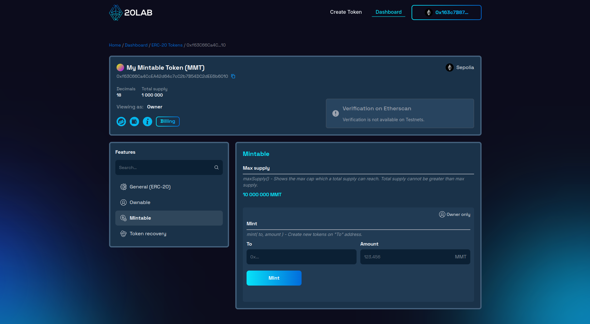 Mintable section of dashboard