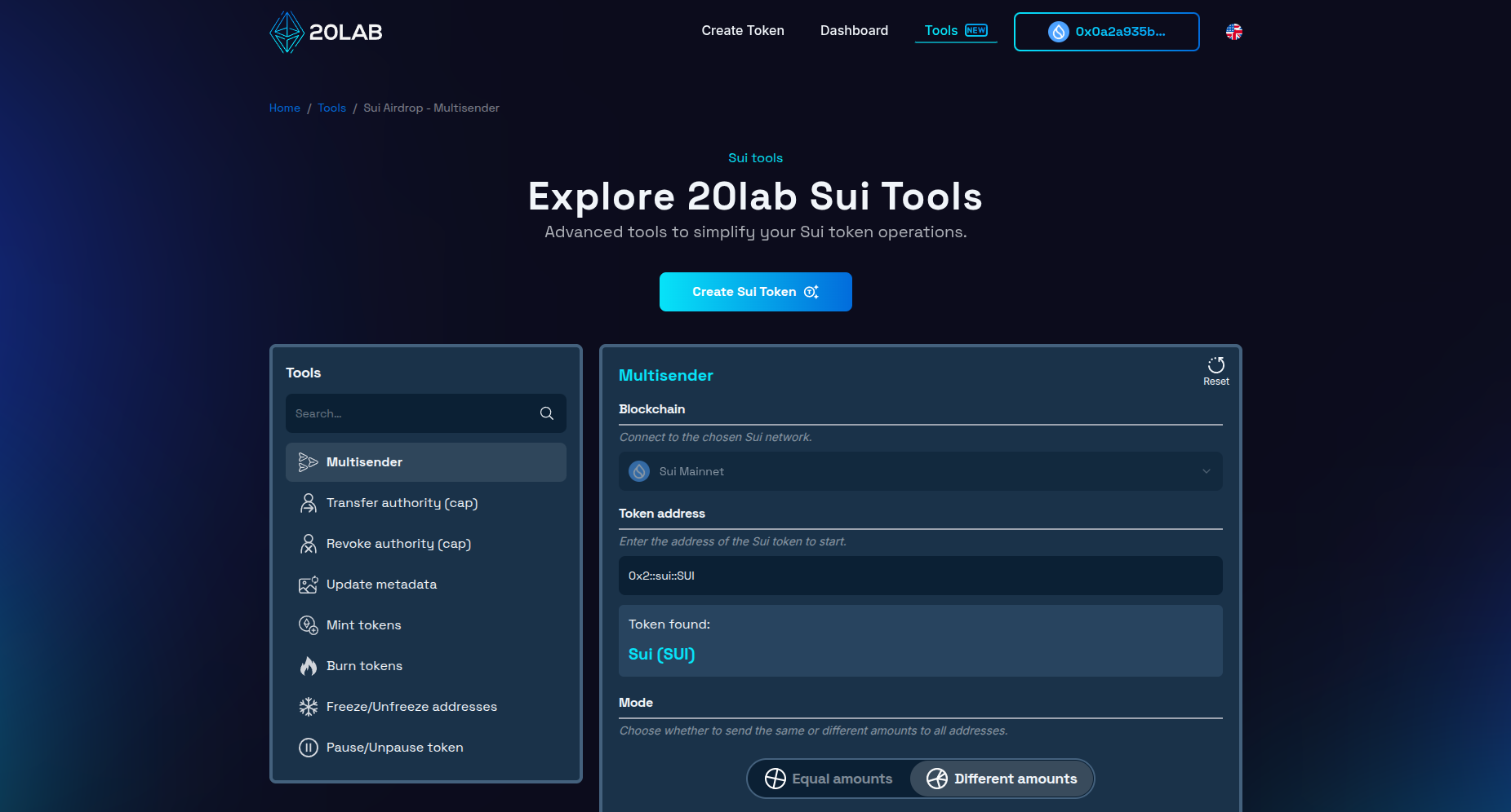 Sui multisender tool interface with connected wallet