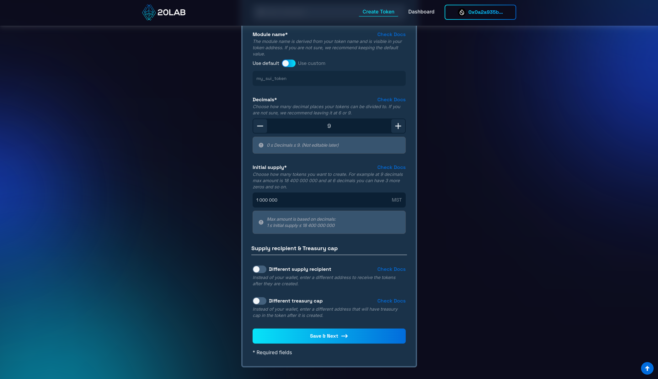 Adding module name, initial supply and decimals for your Sui token