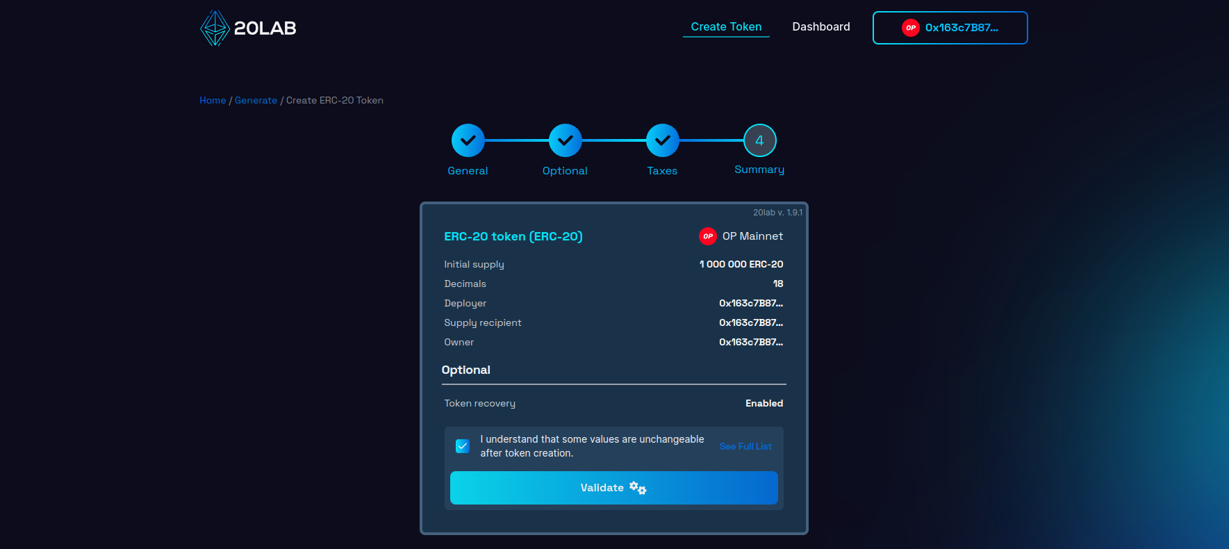 Summary page with all selected features and provided values