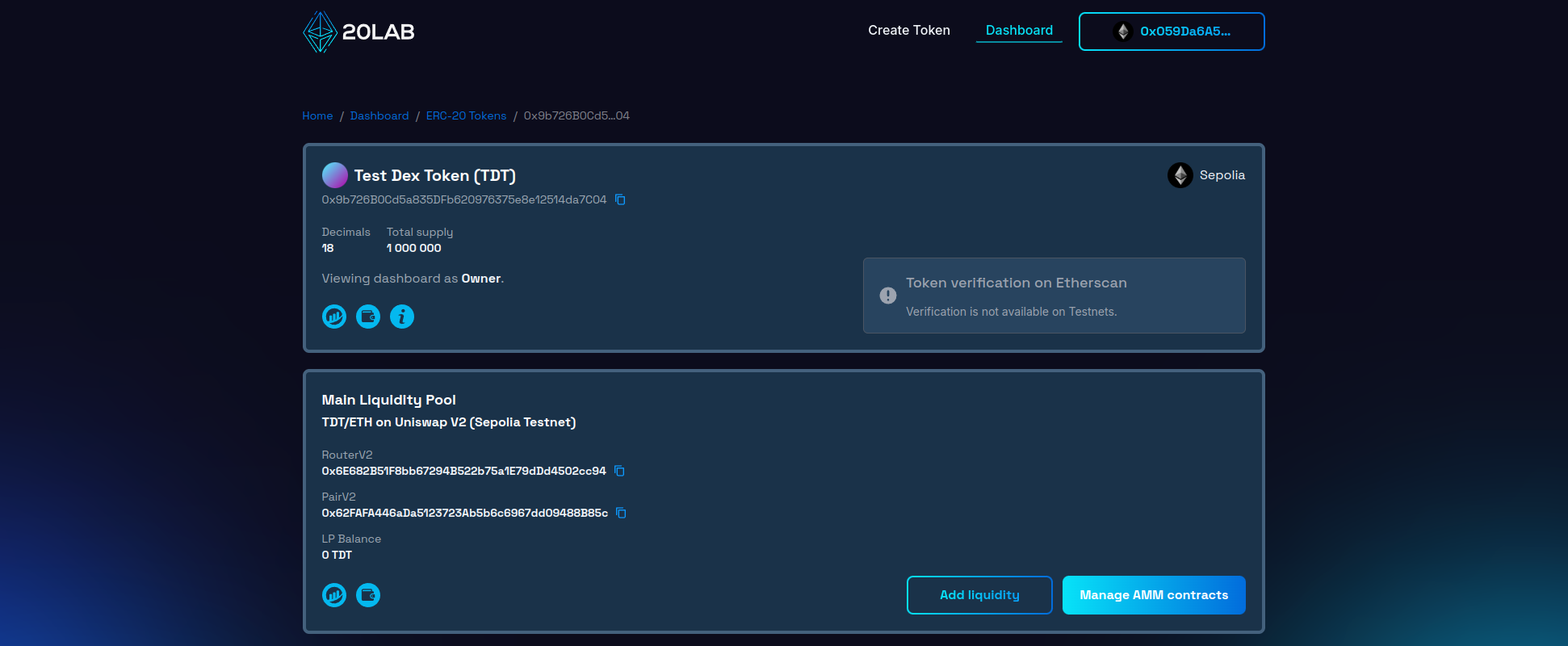 Main liquidity pool section for token with default exchange