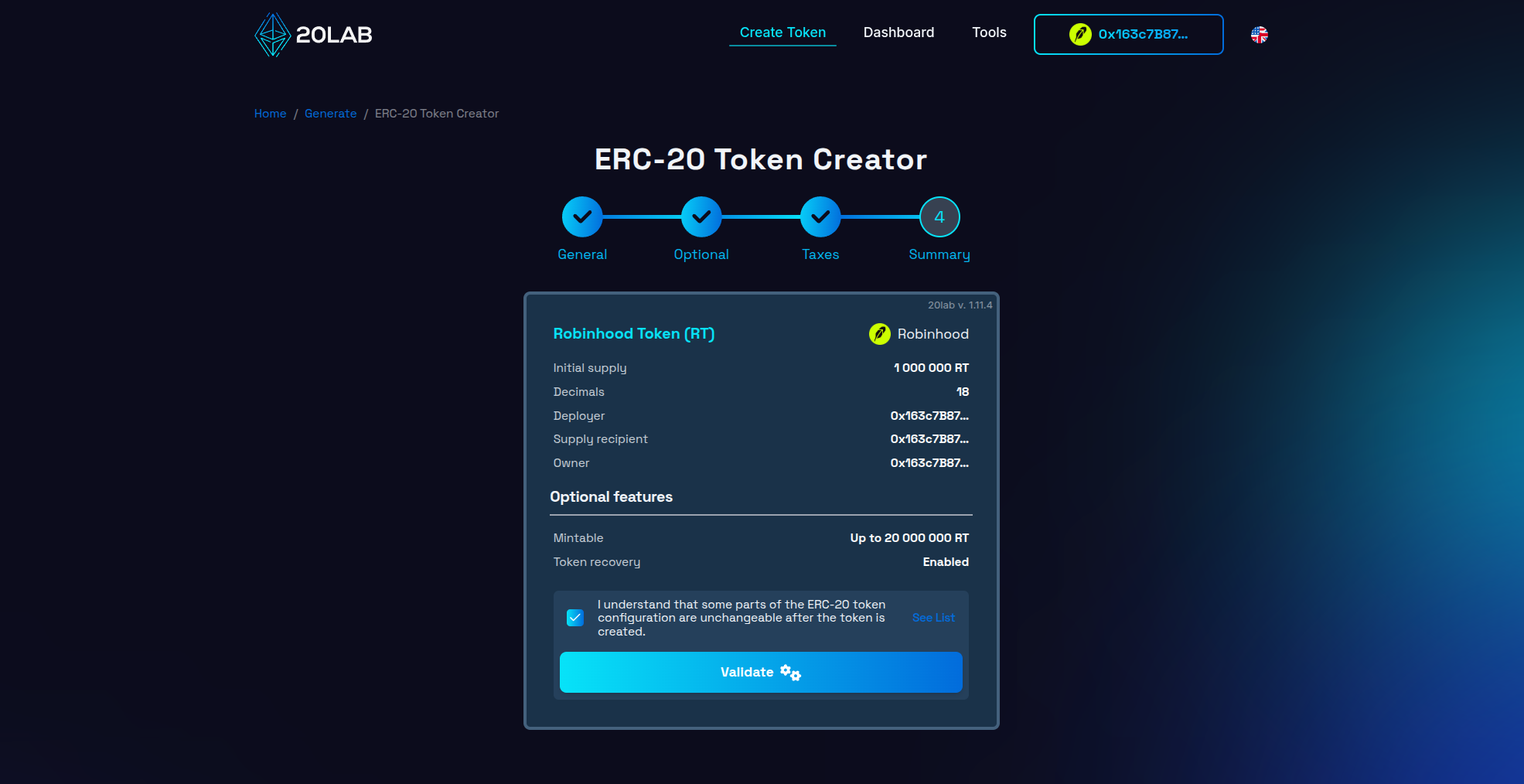 Summary screen showing all features selected for new ERC-20 token